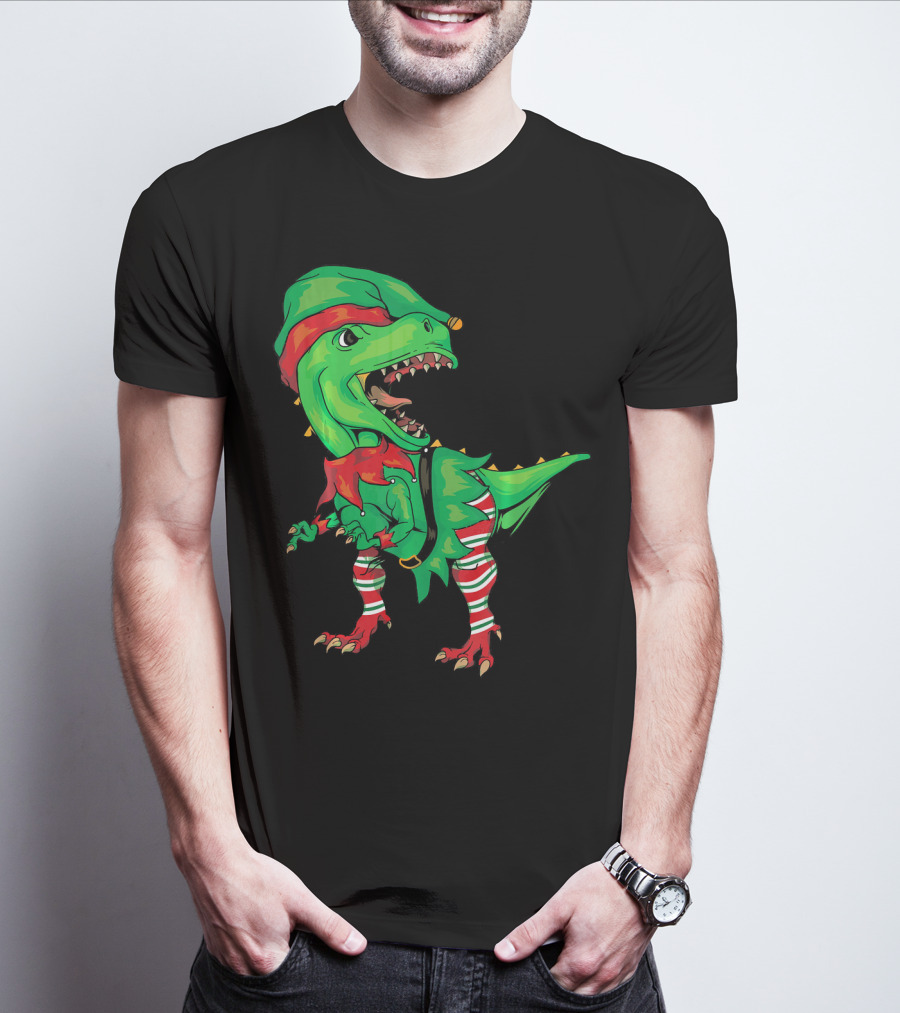 Christmas Dinosaur In Elf Costume T-Shirt