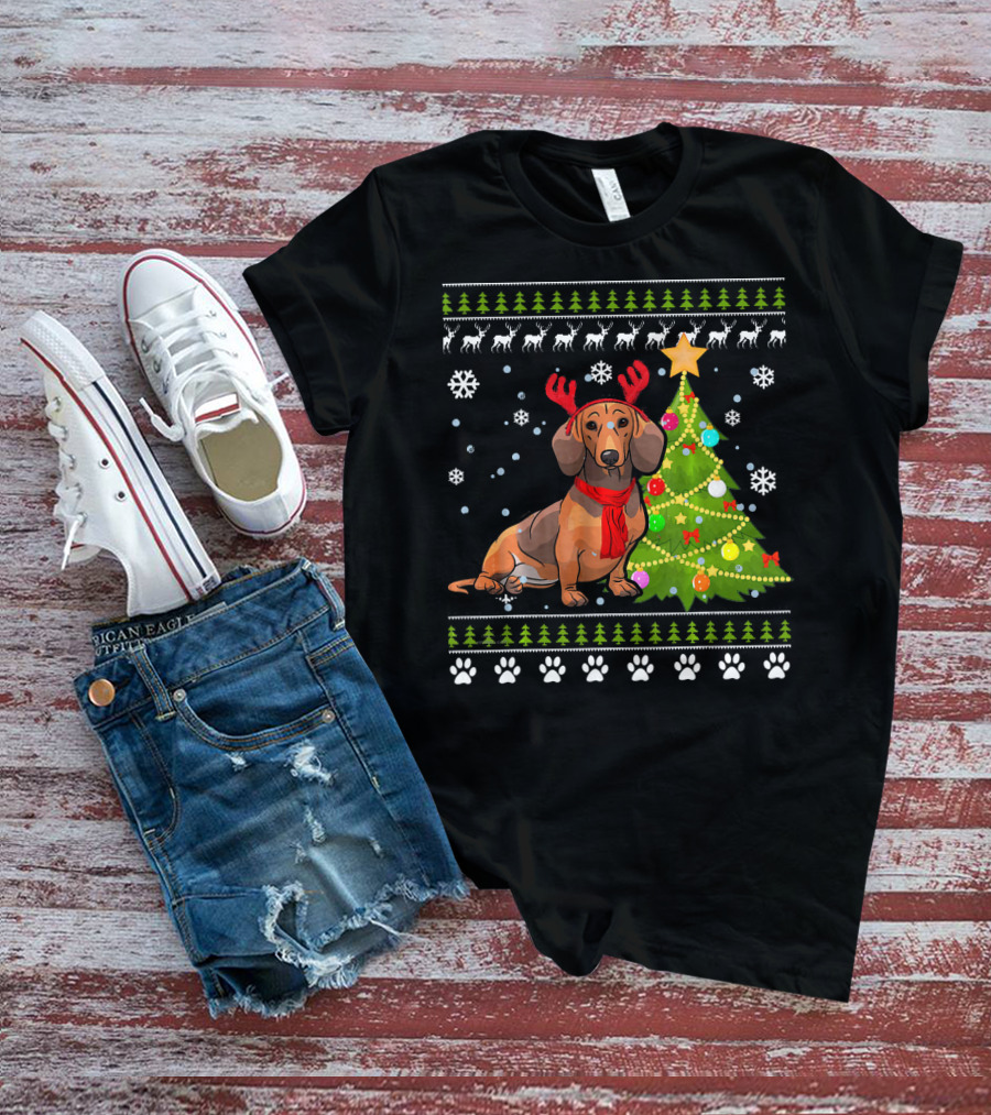 Dachshund Ugly Christmas Reindeer Antlers Christmas Tree Snowflakes T-Shirt