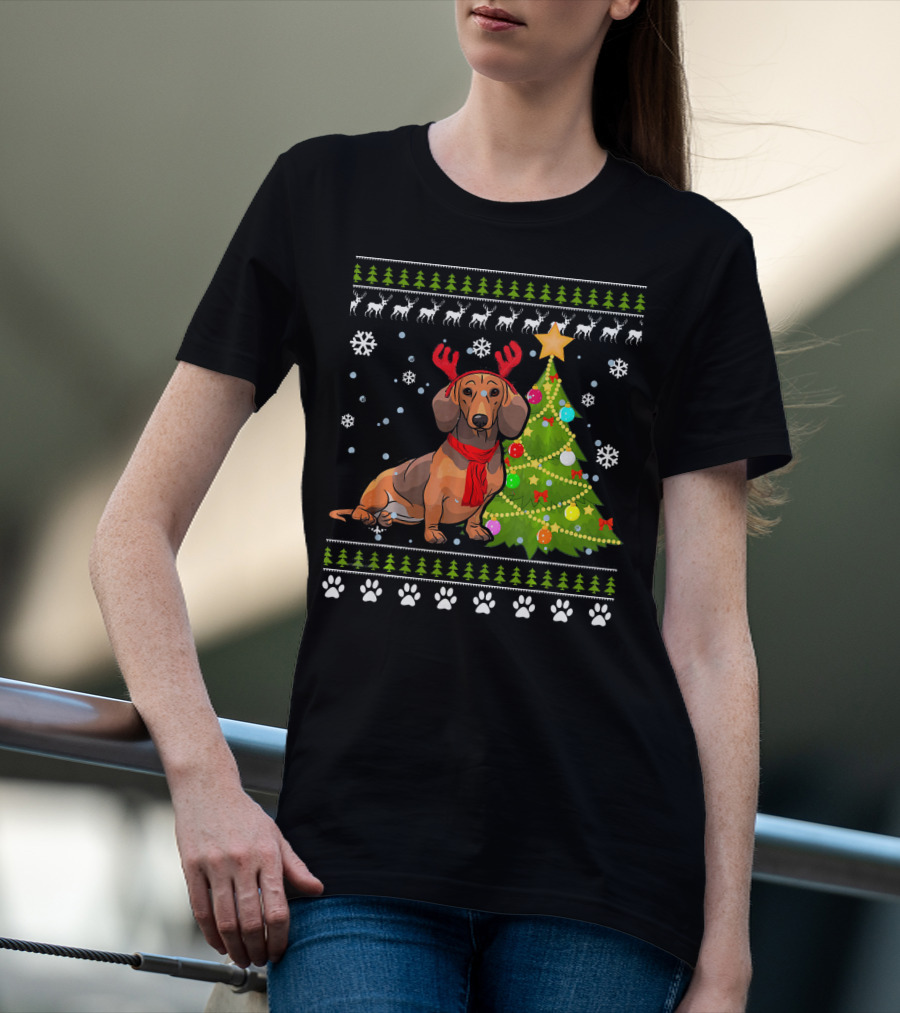 Dachshund Ugly Christmas Reindeer Antlers Christmas Tree Snowflakes T-Shirt