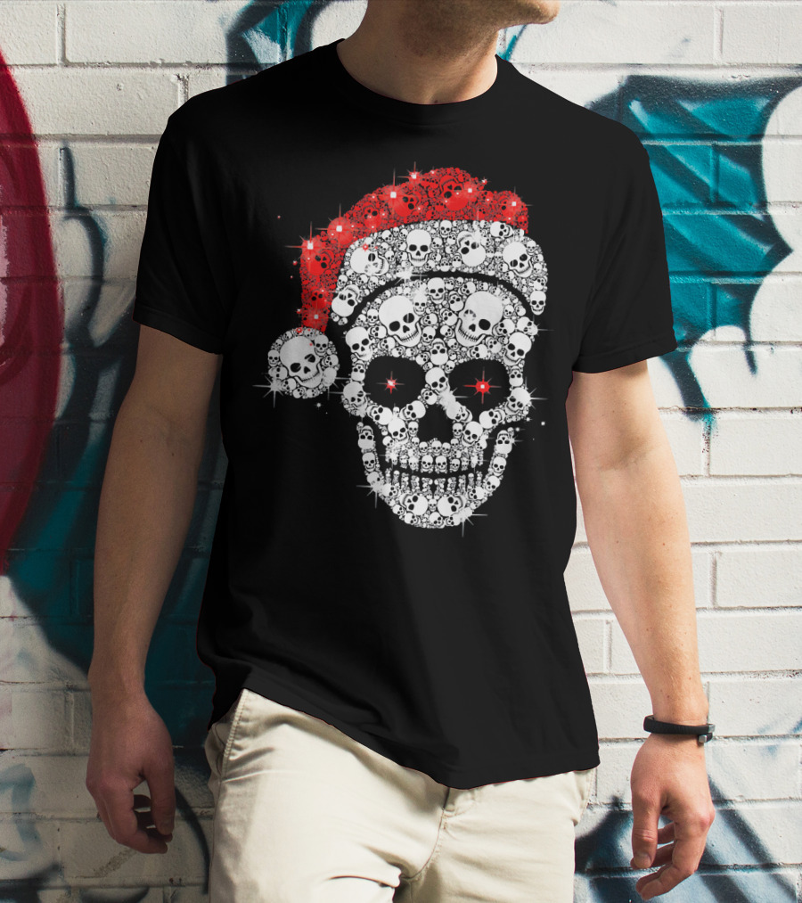 Shiny Skull Rhinestone Santa Hat Christmas Skulls T-Shirt