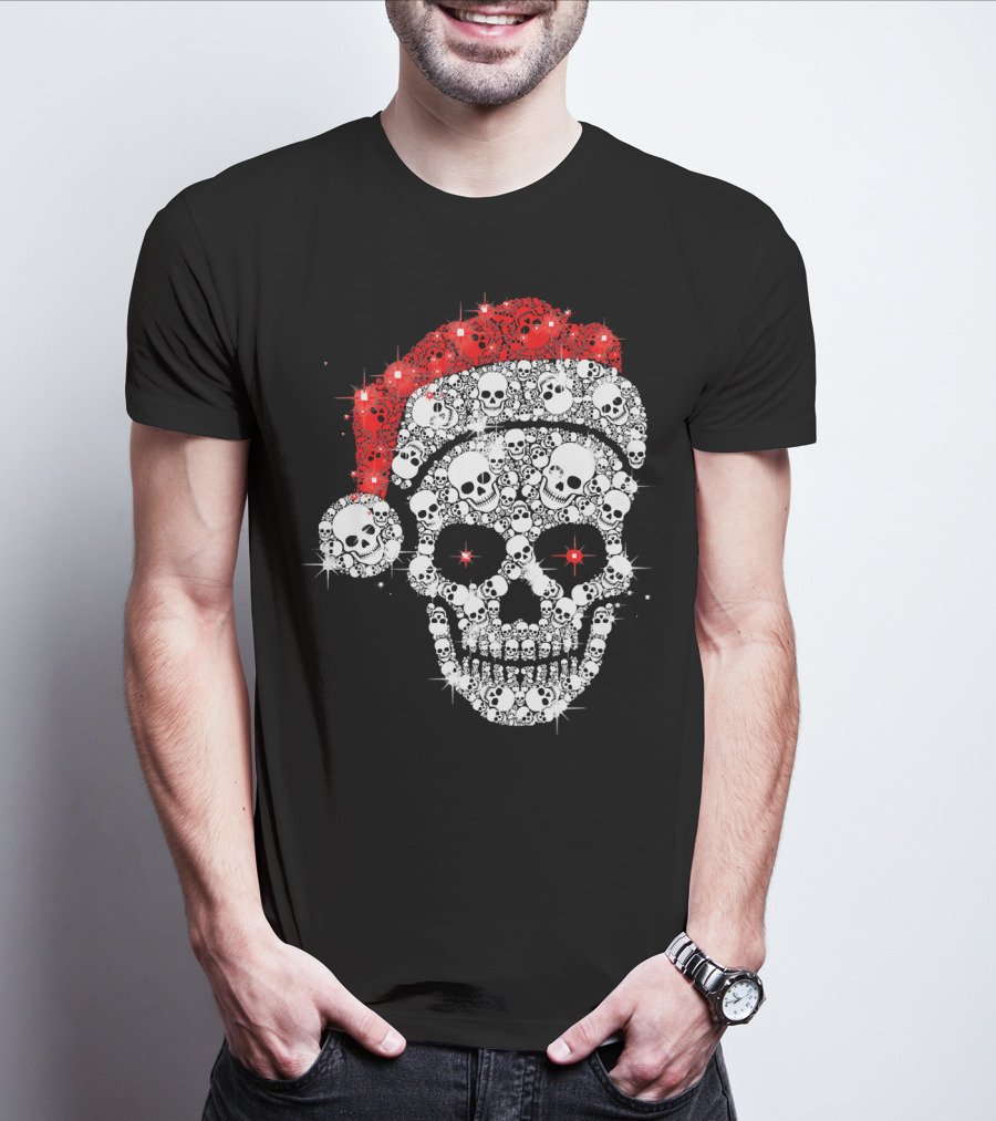Shiny Skull Rhinestone Santa Hat Christmas Skulls T-Shirt