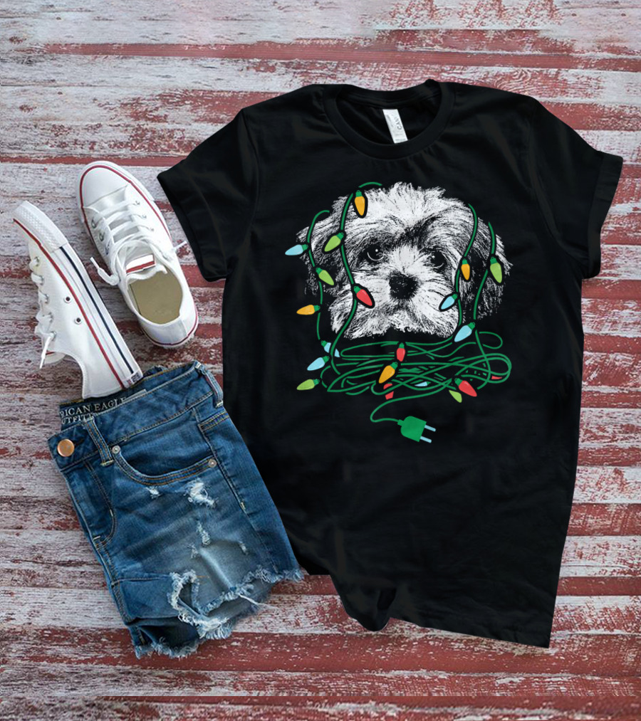 Havanese Puppy Tangled In Colorful Christmas Lights T-Shirt