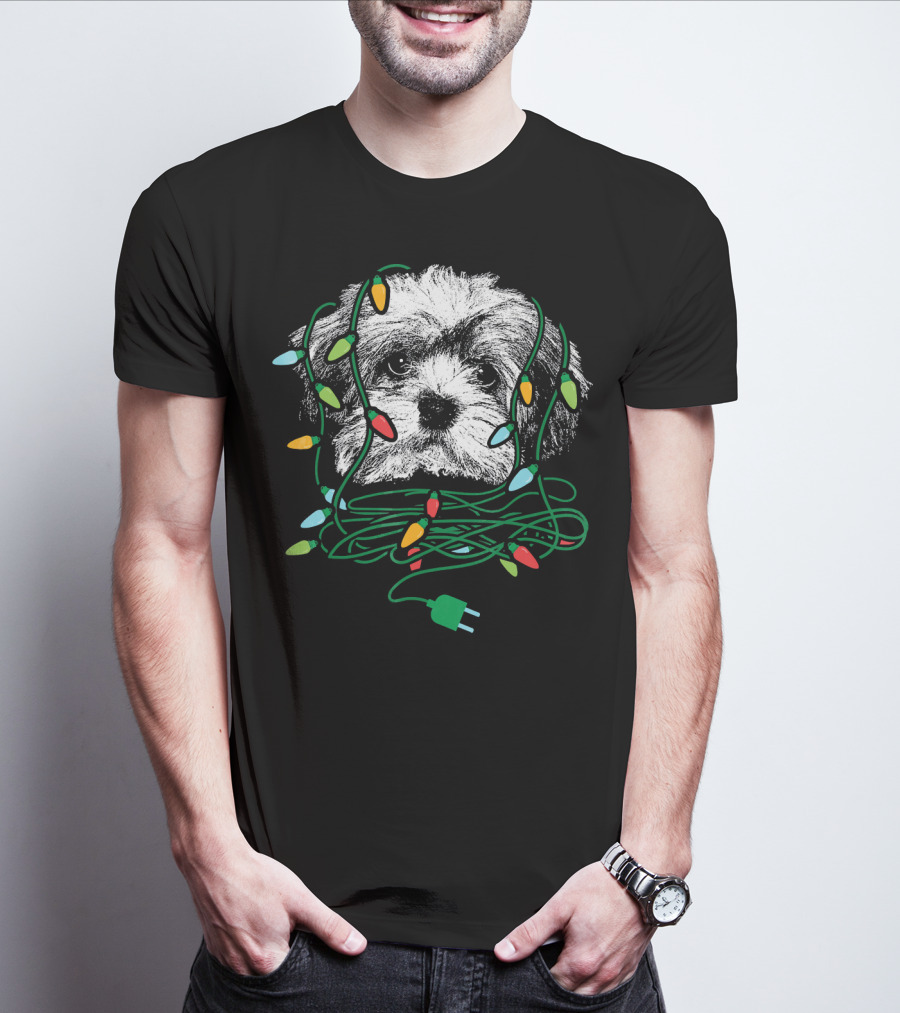 Havanese Puppy Tangled In Colorful Christmas Lights T-Shirt