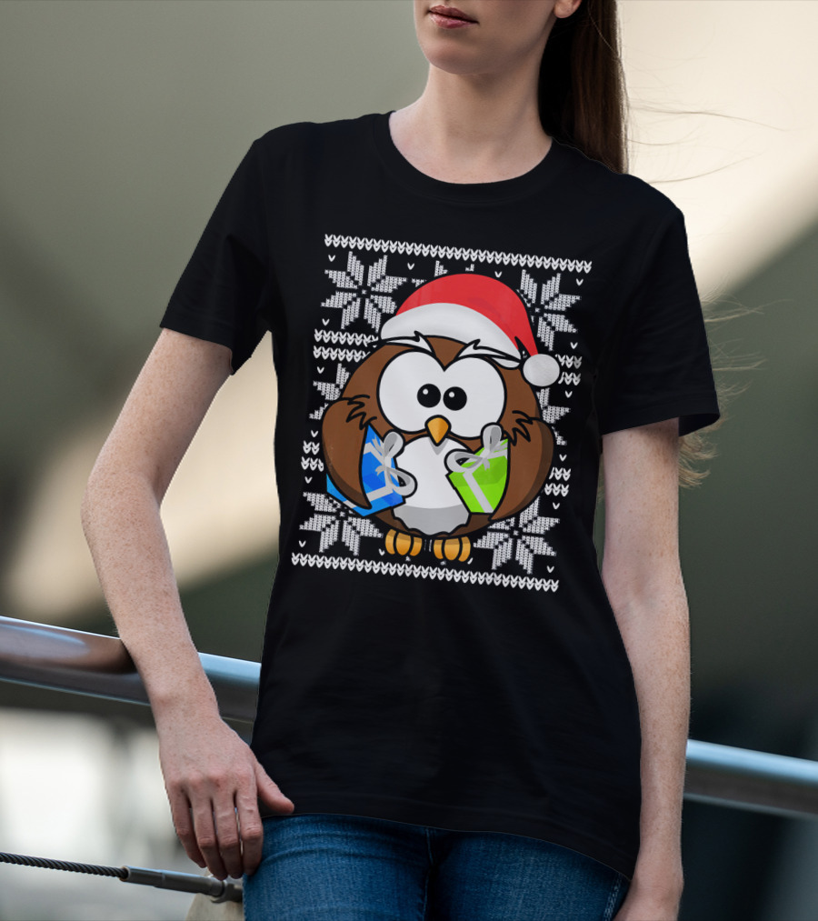 UGLY CHRISTMAS Holiday Owl With Santa Hat And Gifts T-Shirt
