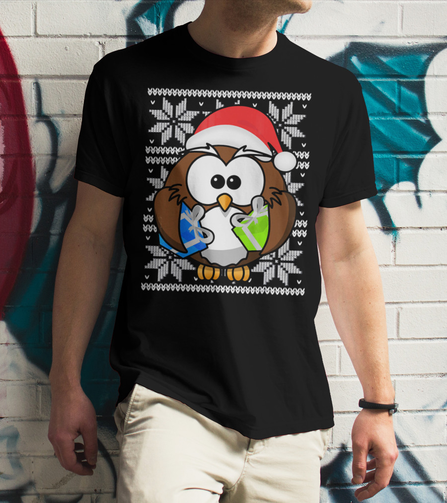UGLY CHRISTMAS Holiday Owl With Santa Hat And Gifts T-Shirt