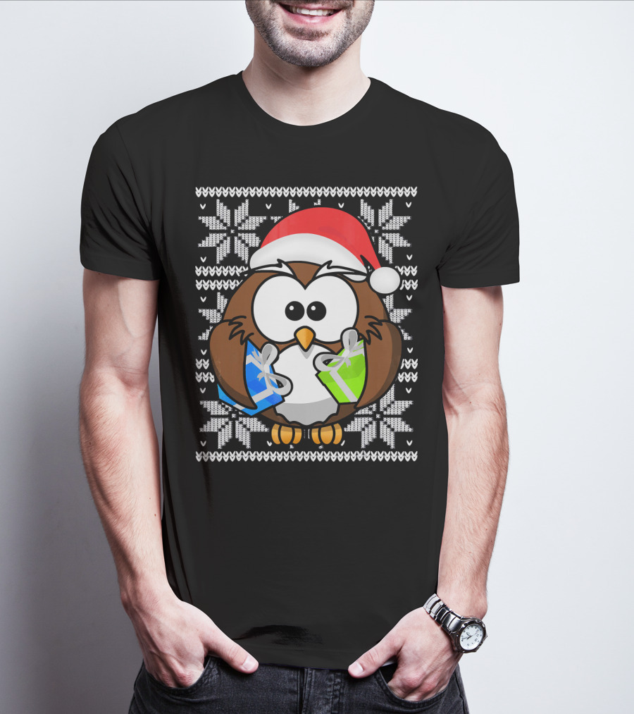 UGLY CHRISTMAS Holiday Owl With Santa Hat And Gifts T-Shirt