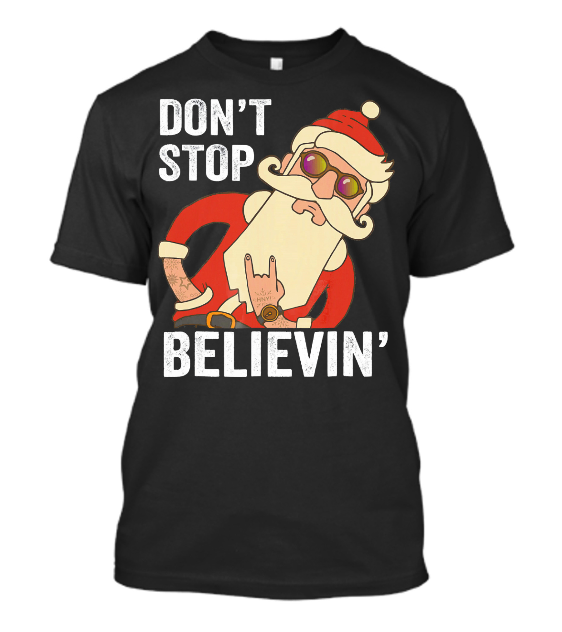 DON'T STOP BELIEVIN' SANTA ROCK HAND GESTURE T-Shirt