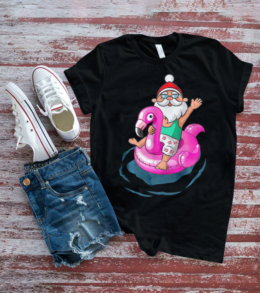 Christmas In July Santa Riding Flamingo Float In Hawaiian Shorts T-Shirt