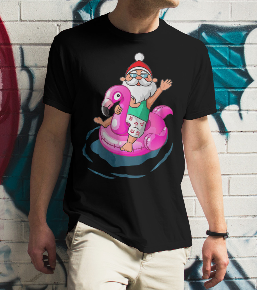 Christmas In July Santa Riding Flamingo Float In Hawaiian Shorts T-Shirt