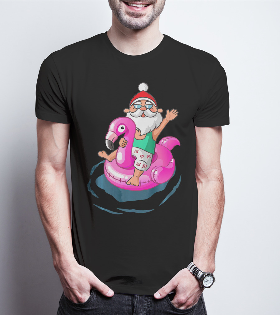 Christmas In July Santa Riding Flamingo Float In Hawaiian Shorts T-Shirt