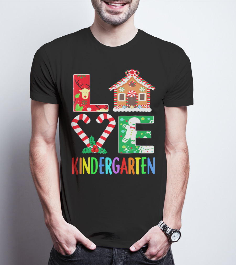 LOVE Kindergarten Christmas Reindeer Gingerbread Candy Cane T-Shirt