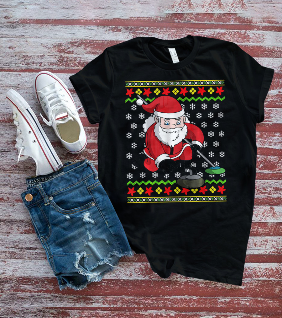 Santa Curling Ugly Christmas Sweater Snowflakes T-Shirt