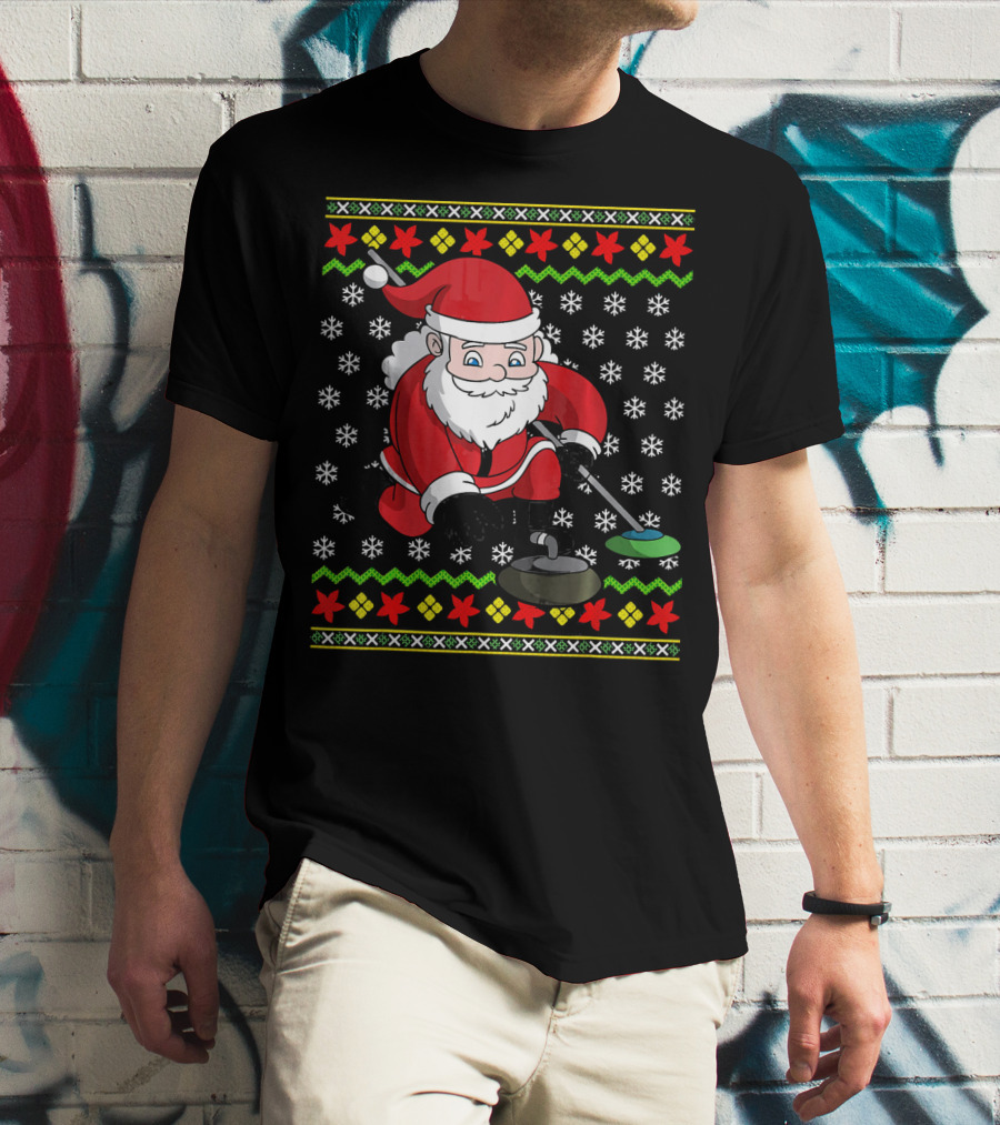 Santa Curling Ugly Christmas Sweater Snowflakes T-Shirt