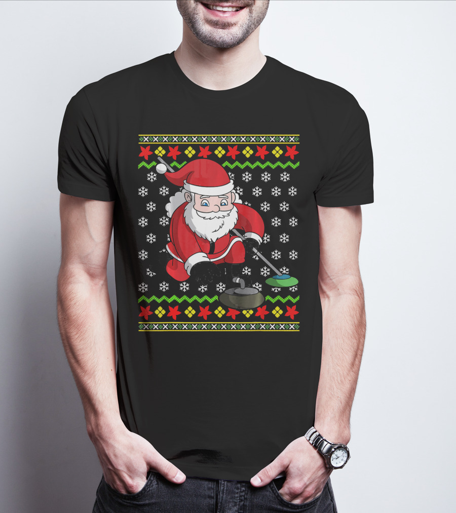 Santa Curling Ugly Christmas Sweater Snowflakes T-Shirt