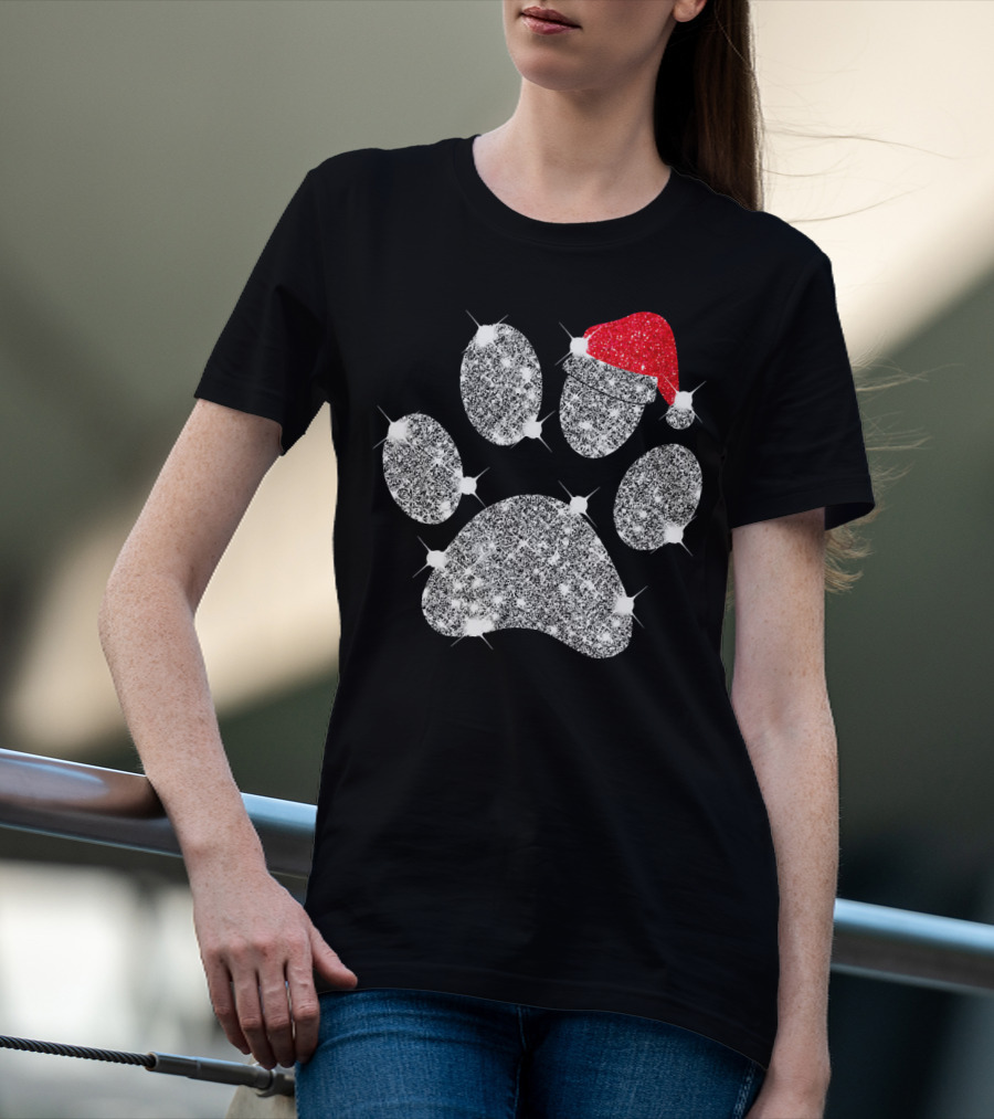 Merry Christmas Paw Santa Hat Sparkle T-Shirt