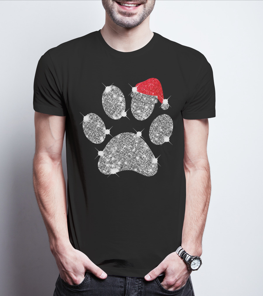 Merry Christmas Paw Santa Hat Sparkle T-Shirt