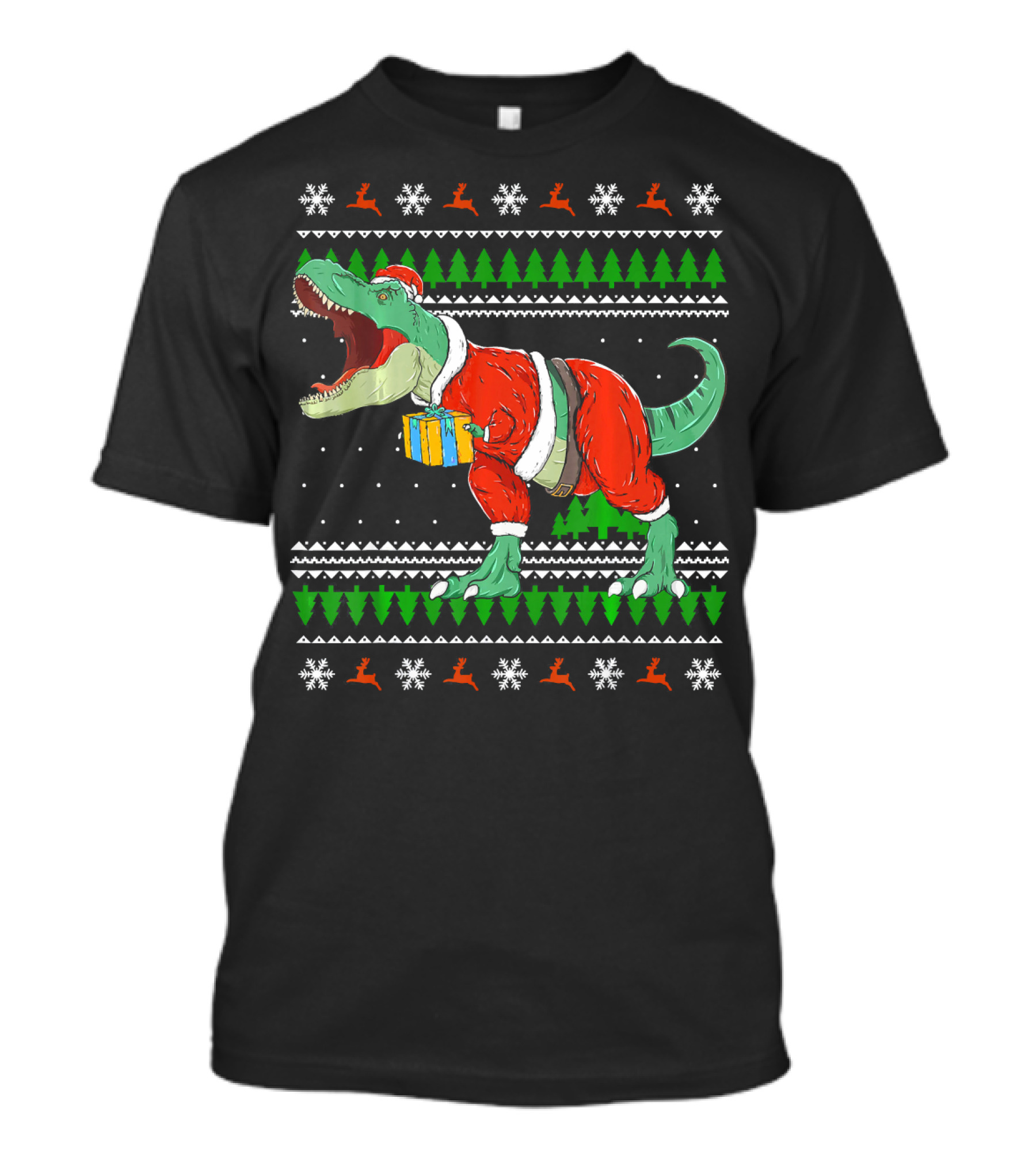 Funny TRex Dino Christmas Santa Holding Gift In Ugly T-Shirt