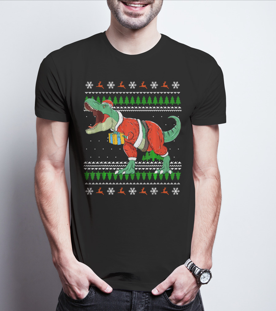 Funny TRex Dino Christmas Santa Holding Gift In Ugly T-Shirt