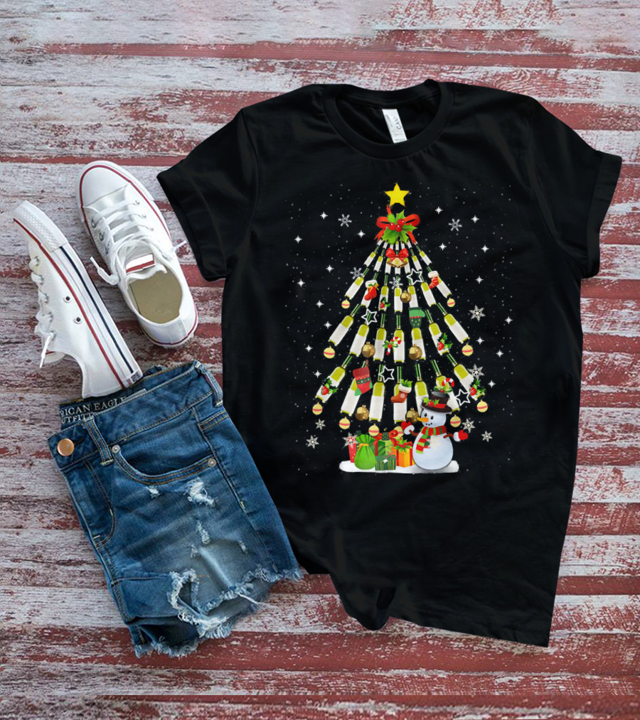 Christmas Wine Bottle Tree With Snowman And Gifts T-Shirt