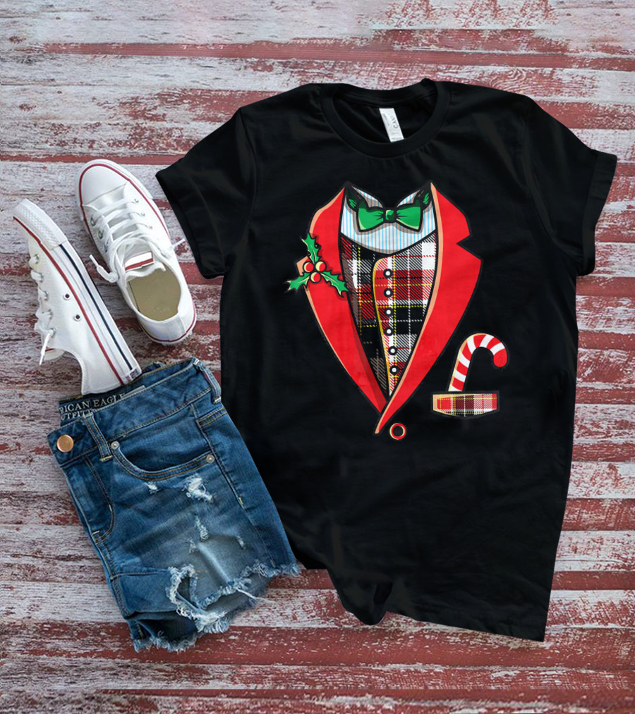 Christmas Tuxedo Plaid Suit Jacket With Green Bow Tie And Candy Cane T-Shirt