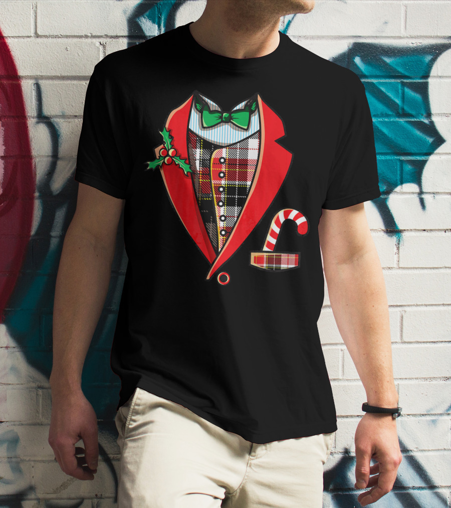 Christmas Tuxedo Plaid Suit Jacket With Green Bow Tie And Candy Cane T-Shirt