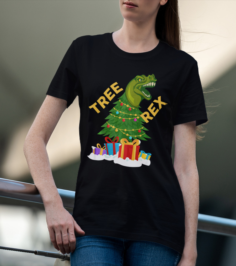 Tree Rex Christmas Dinosaur With Presents And Decorations T-Shirt