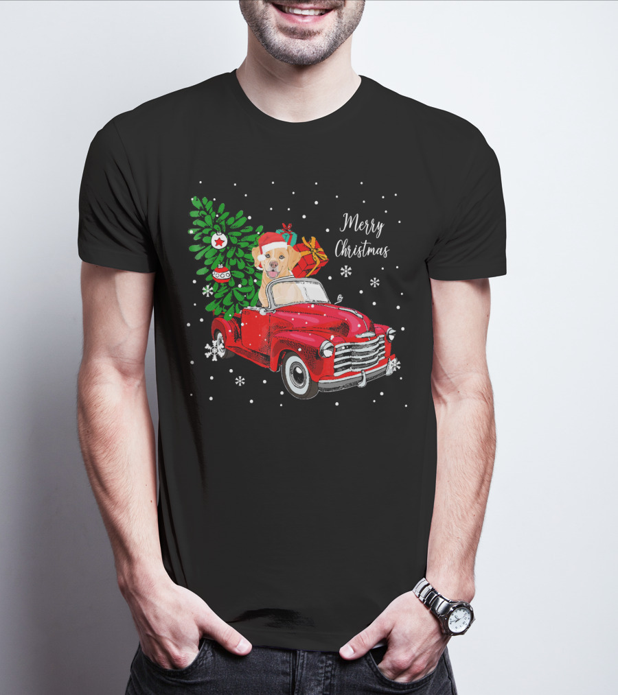 Merry Christmas Santa Labrador Dog Riding Red Truck With Presents And Tree T-Shirt