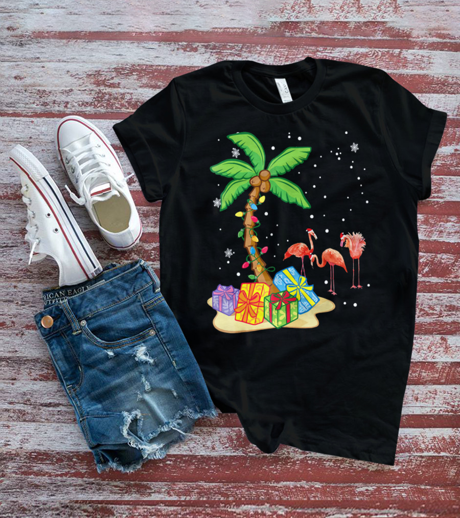 Flamingo Christmas Palm Tree Snow Presents T-Shirt