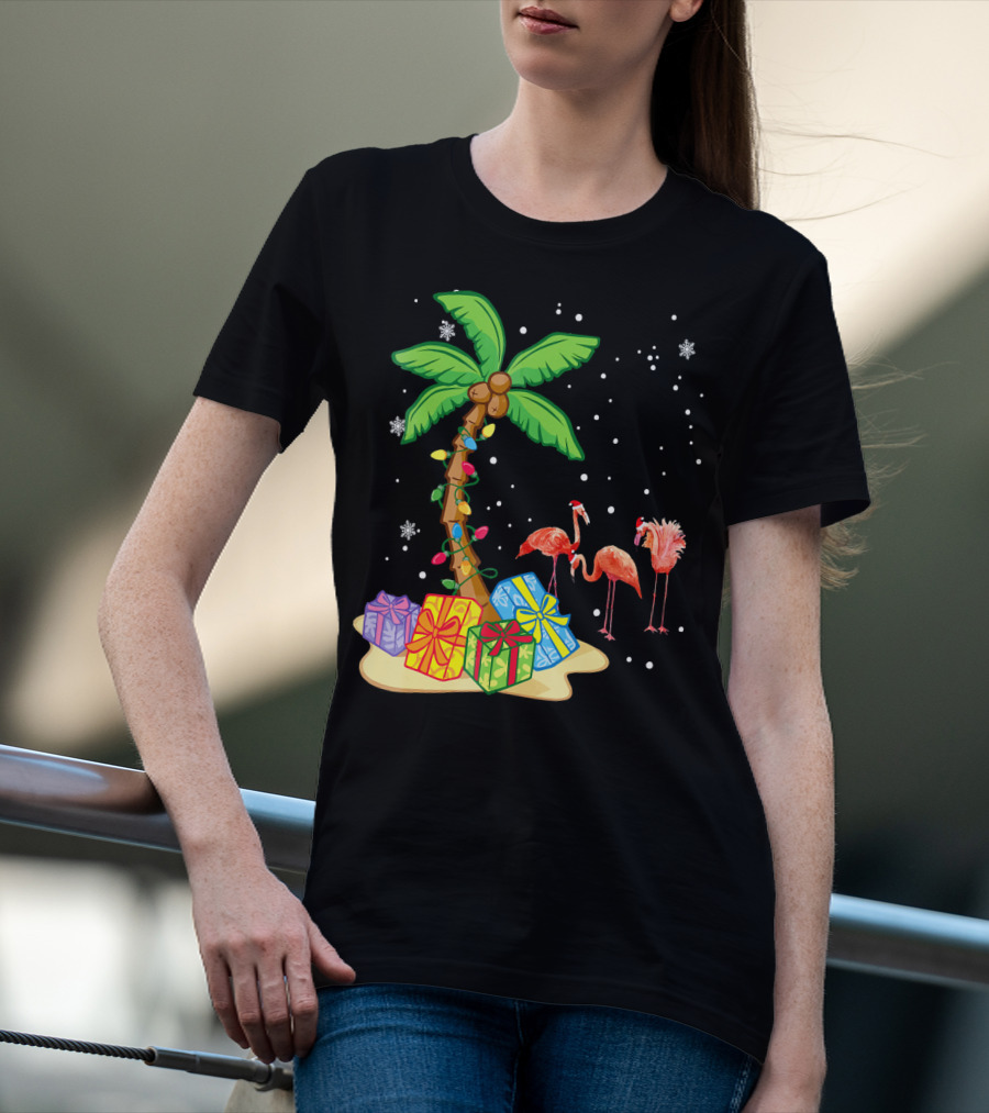 Flamingo Christmas Palm Tree Snow Presents T-Shirt