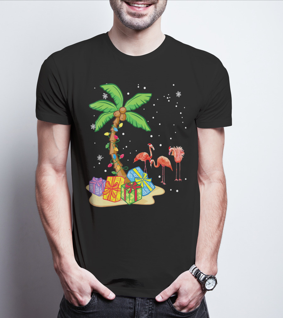 Flamingo Christmas Palm Tree Snow Presents T-Shirt