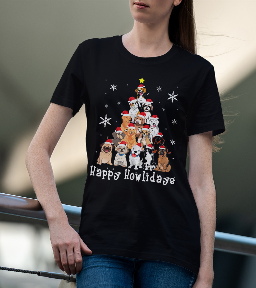 Happy Howlidays Dog Christmas Tree Santa Hat Puppies Snowflakes T-Shirt