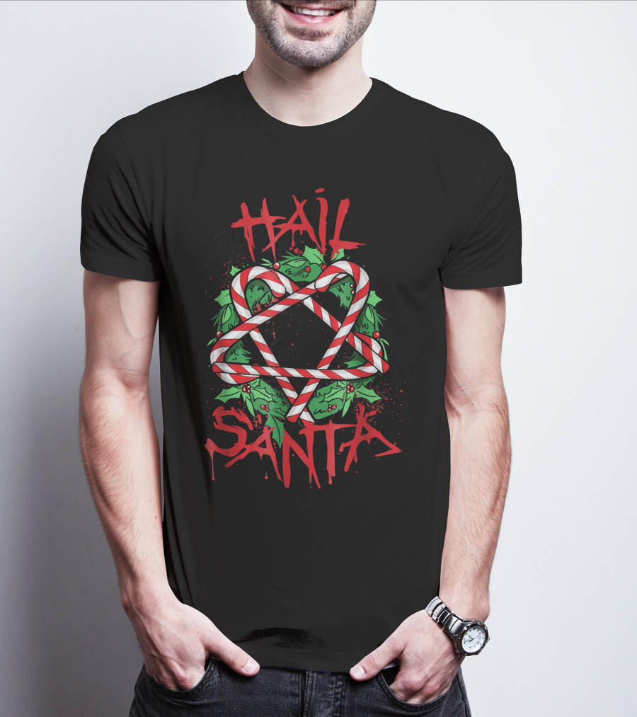 Hail Santa Anti Saint Nicholas Emo Santa College Candy Cane Pentagram T-Shirt