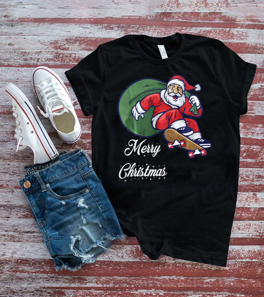 Merry Christmas Santa Claus Skating With Gift Sack T-Shirt