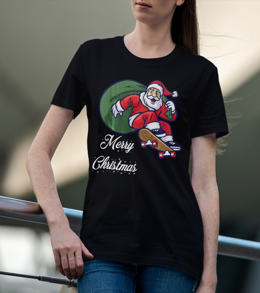 Merry Christmas Santa Claus Skating With Gift Sack T-Shirt