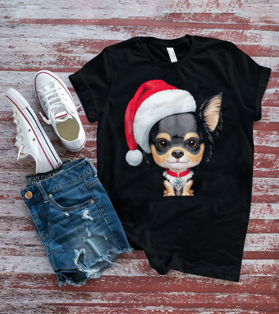 Festive Black And Tan Long Haired Chihuahua Santa Hat T-Shirt