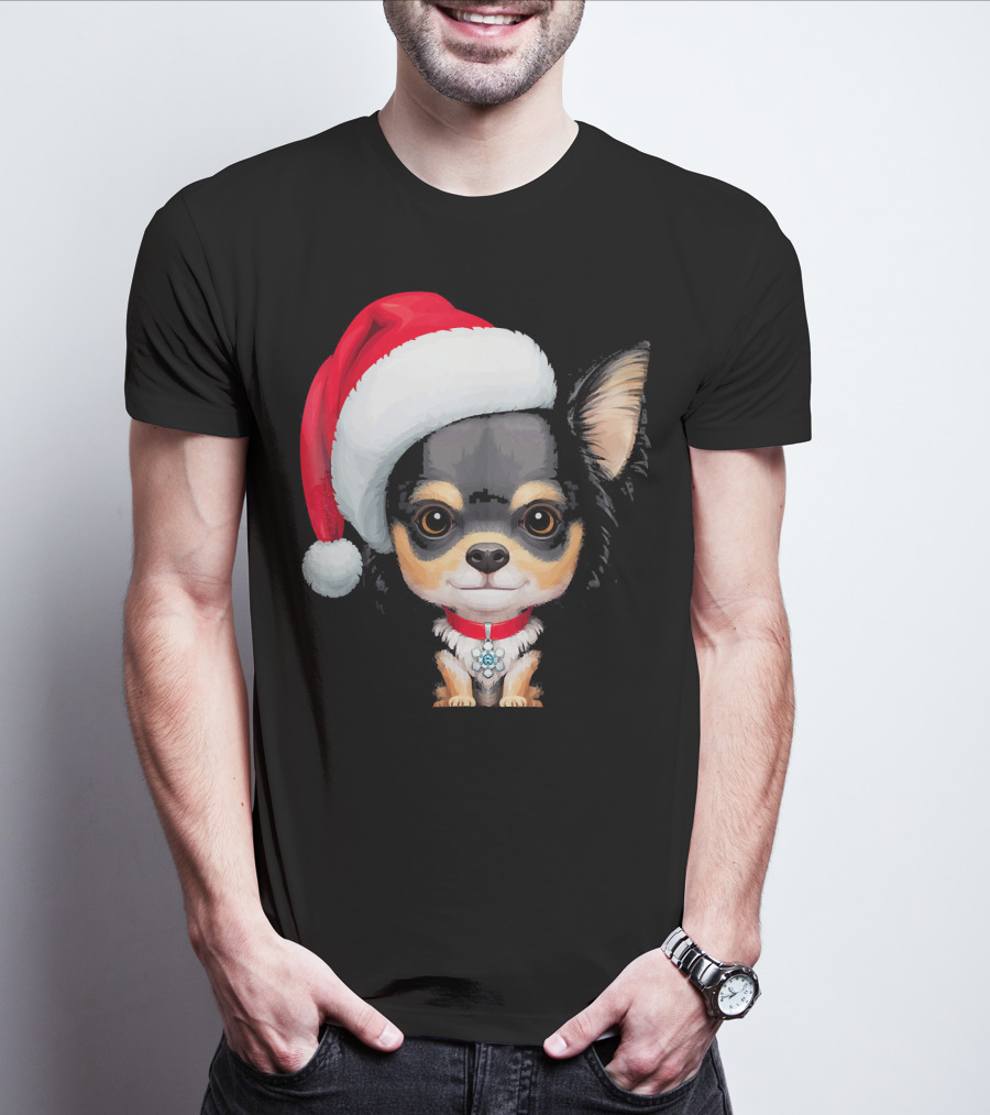 Festive Black And Tan Long Haired Chihuahua Santa Hat T-Shirt