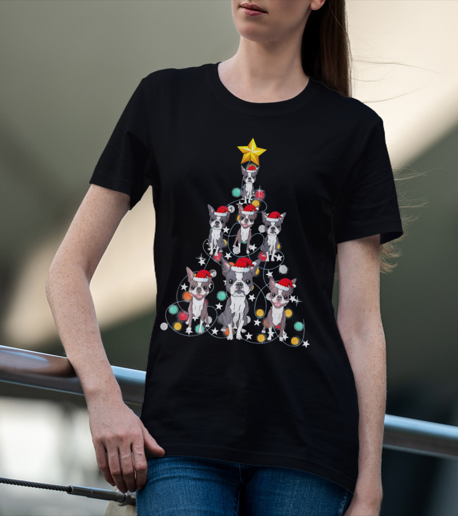 Santa Boston Terrier Christmas Tree Star Puppies T-Shirt