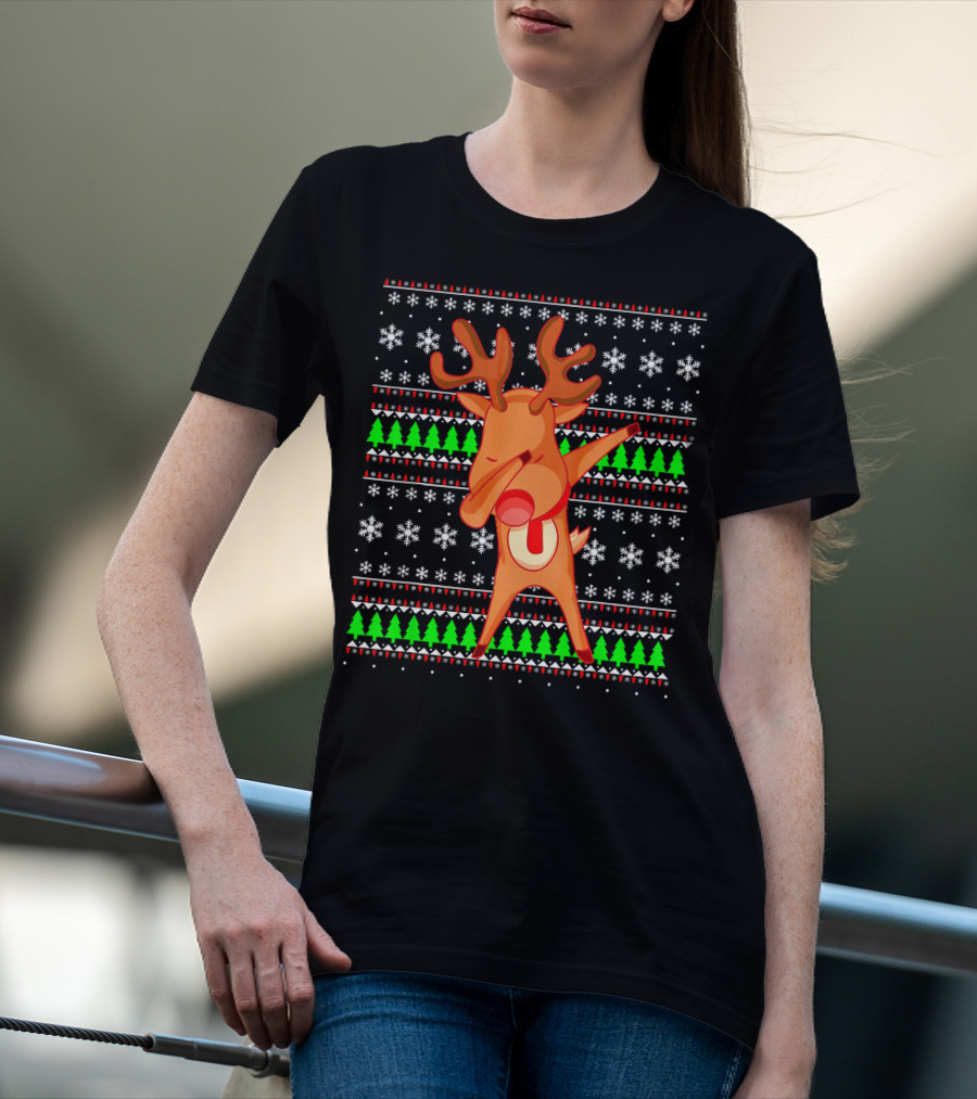 Dabbing Red Nose Reindeer Snowflakes Christmas Trees Ugly T-Shirt