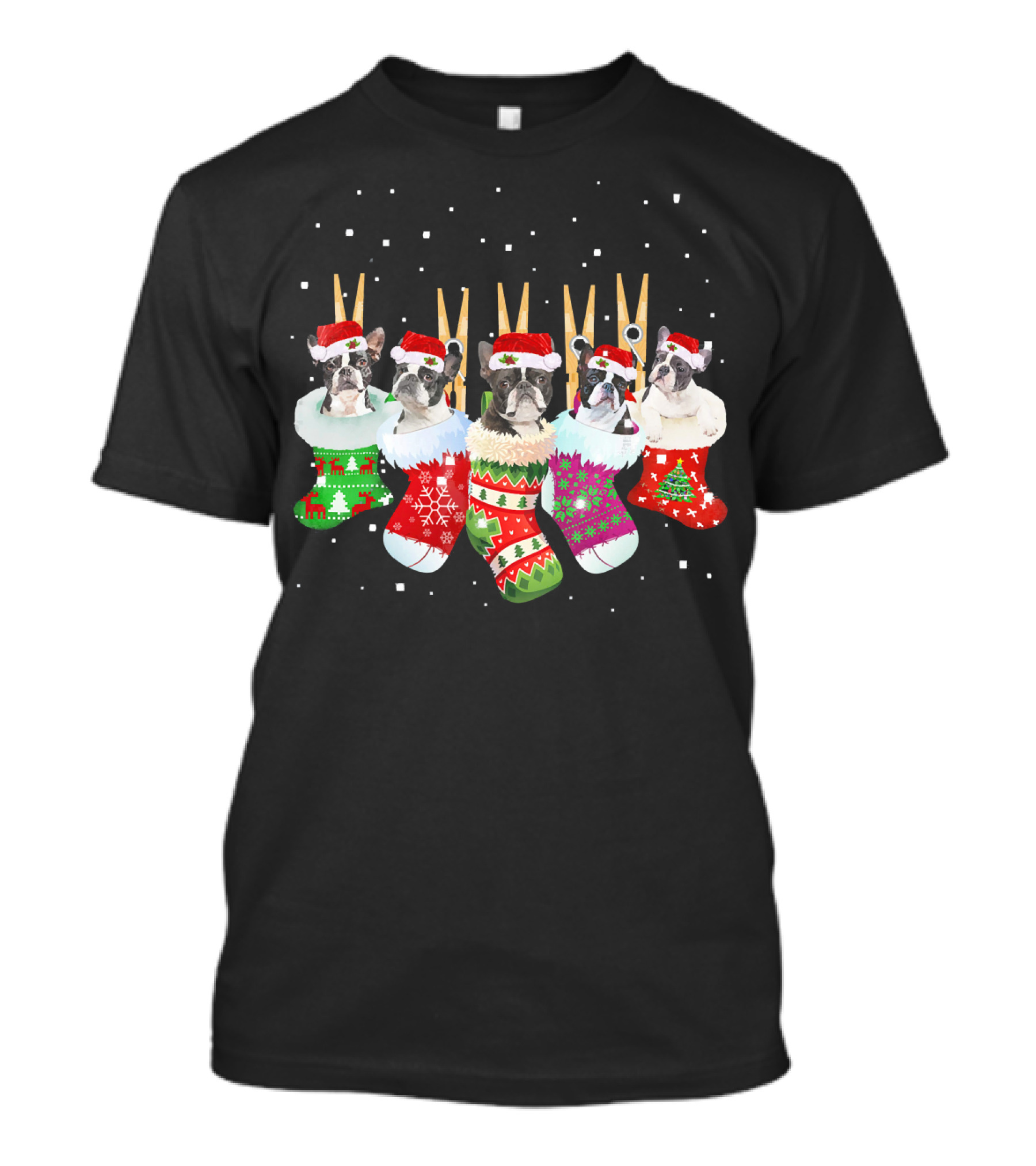 Christmas Boston Terrier Santa Hat Stockings T-Shirt