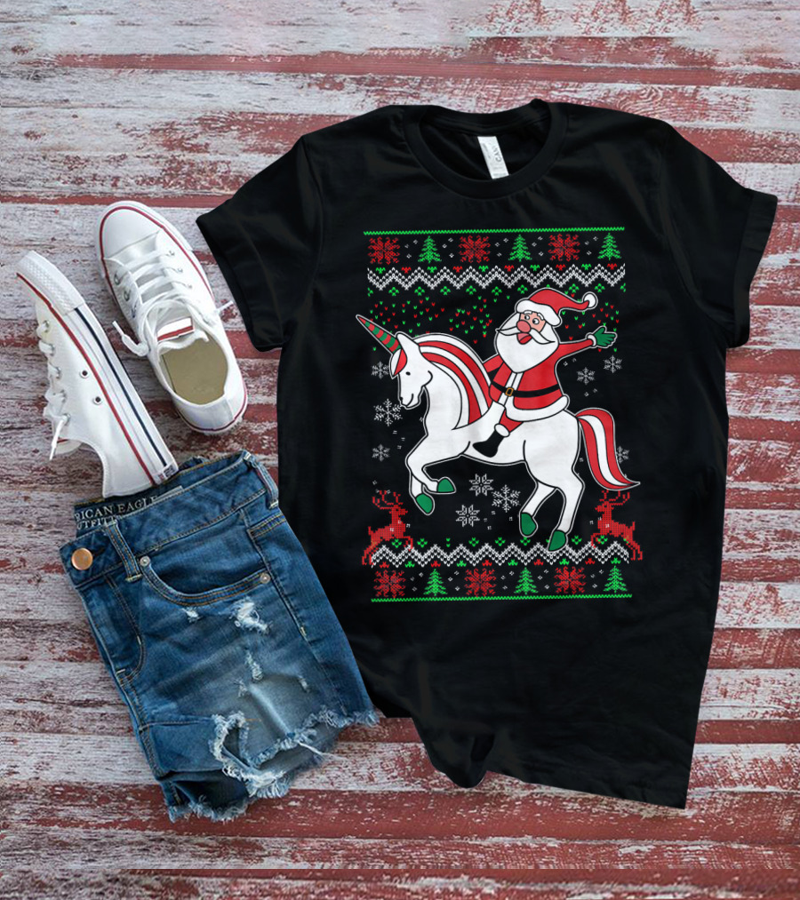 Santa Claus Riding Unicorn Christmas Sweater Pattern Holiday Magic T-Shirt