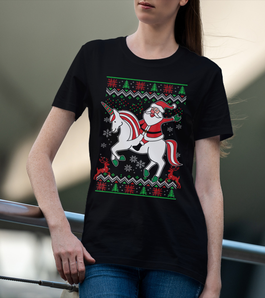 Santa Claus Riding Unicorn Christmas Sweater Pattern Holiday Magic T-Shirt
