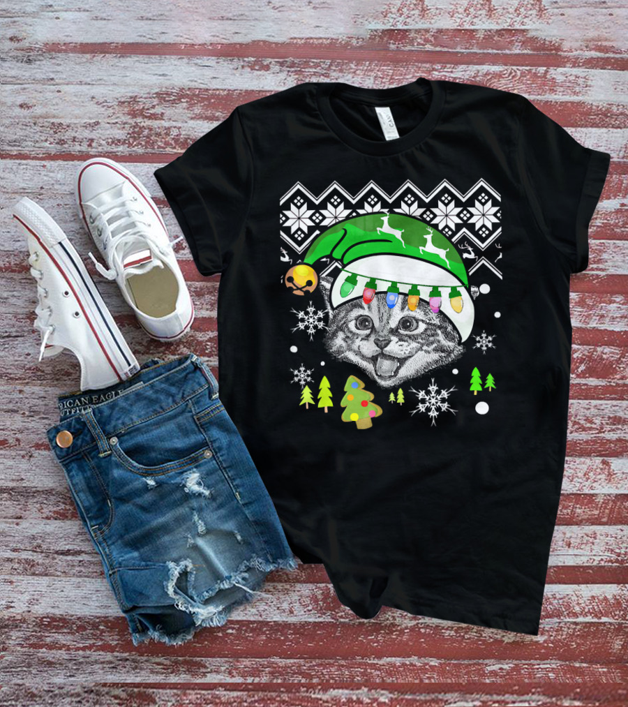Christmas Cat Reindeer Hat Snowflakes Festive Lights T-Shirt