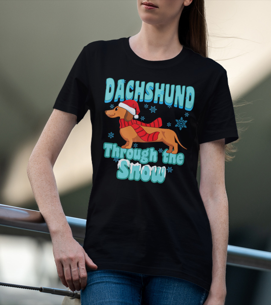 Dachshund Through The Snow Scarf And Santa Hat T-Shirt