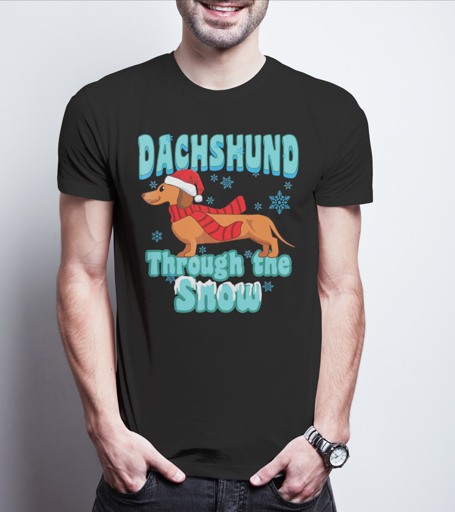 Dachshund Through The Snow Scarf And Santa Hat T-Shirt