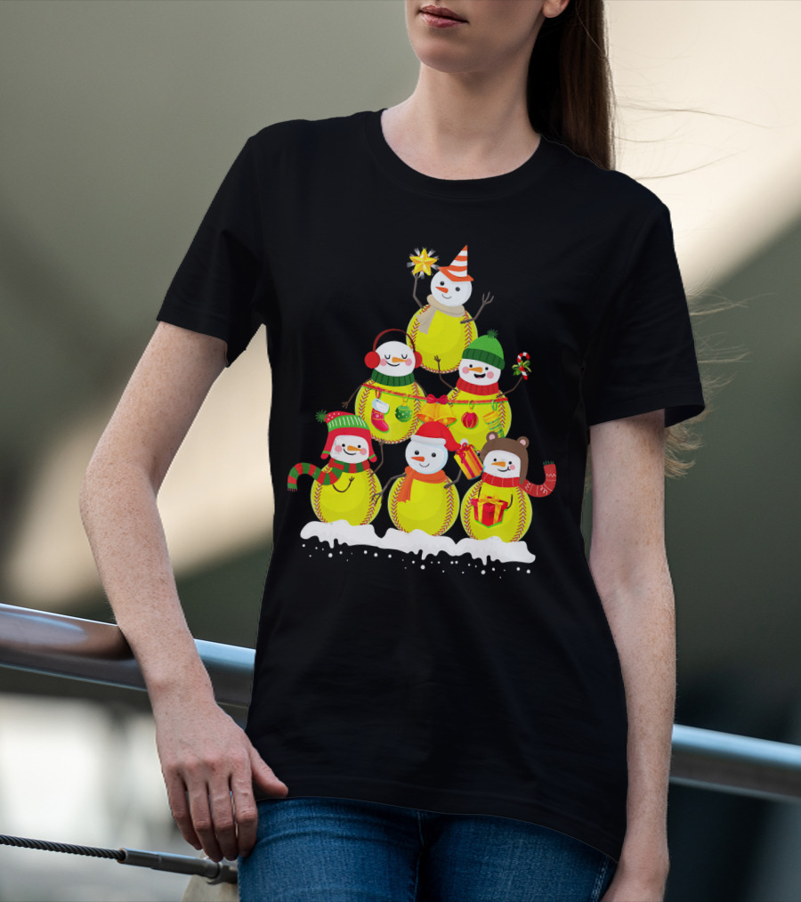 Softball Snowman Christmas Tree Holiday Scene T-Shirt