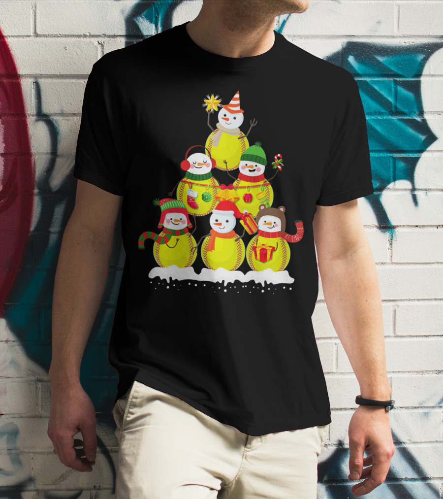 Softball Snowman Christmas Tree Holiday Scene T-Shirt