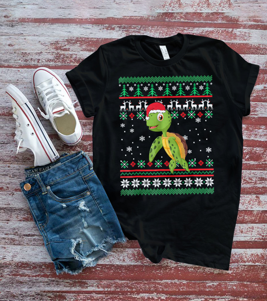 Sea Turtle With Santa Hat Christmas Sweater Pattern Snowflakes Reindeer Trees T-Shirt