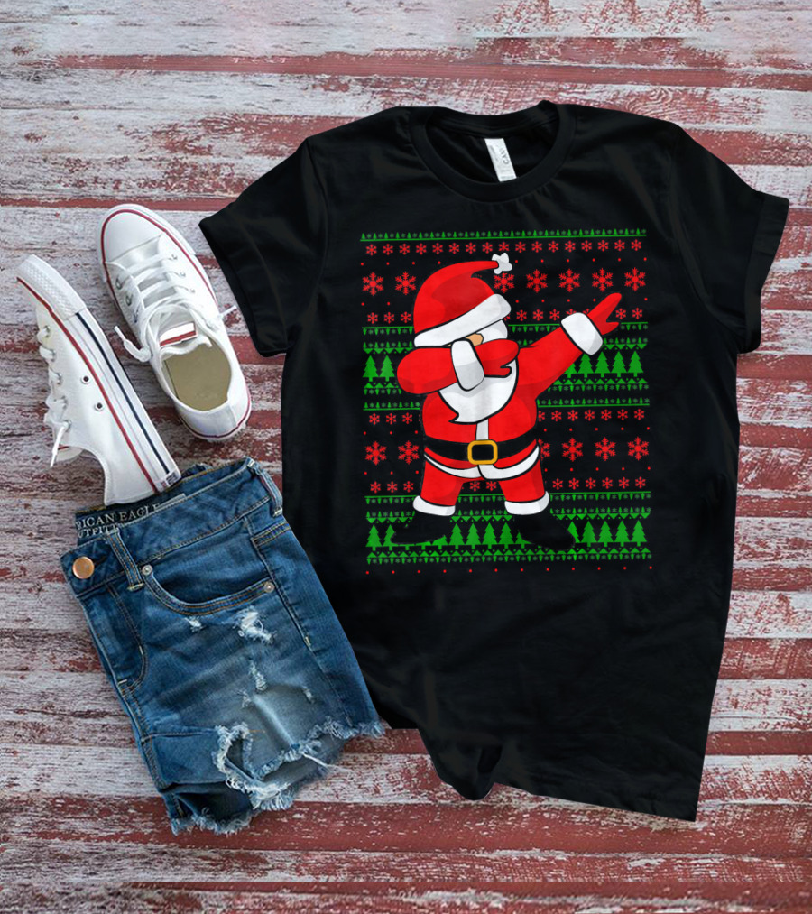 Santa Claus Dabbing Christmas Sweater Style Snowflakes Trees T-Shirt