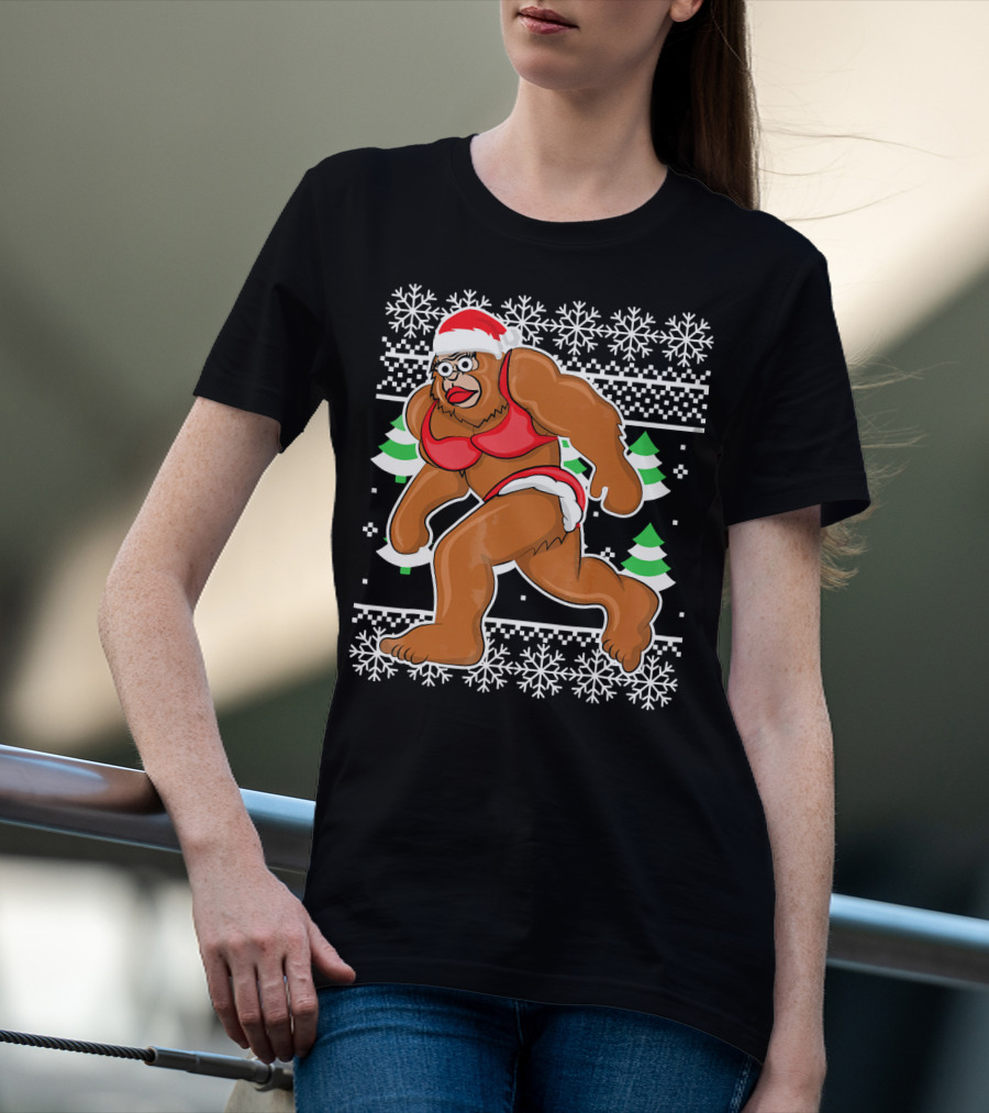Bigfoot Bikini Ugly Christmas Sweater Santa Hat Snowflakes Holiday Party T-Shirt