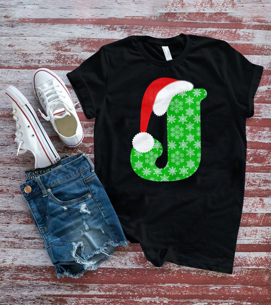 Santa Hat Green Snowflake Monogram Letter J Christmas T-Shirt